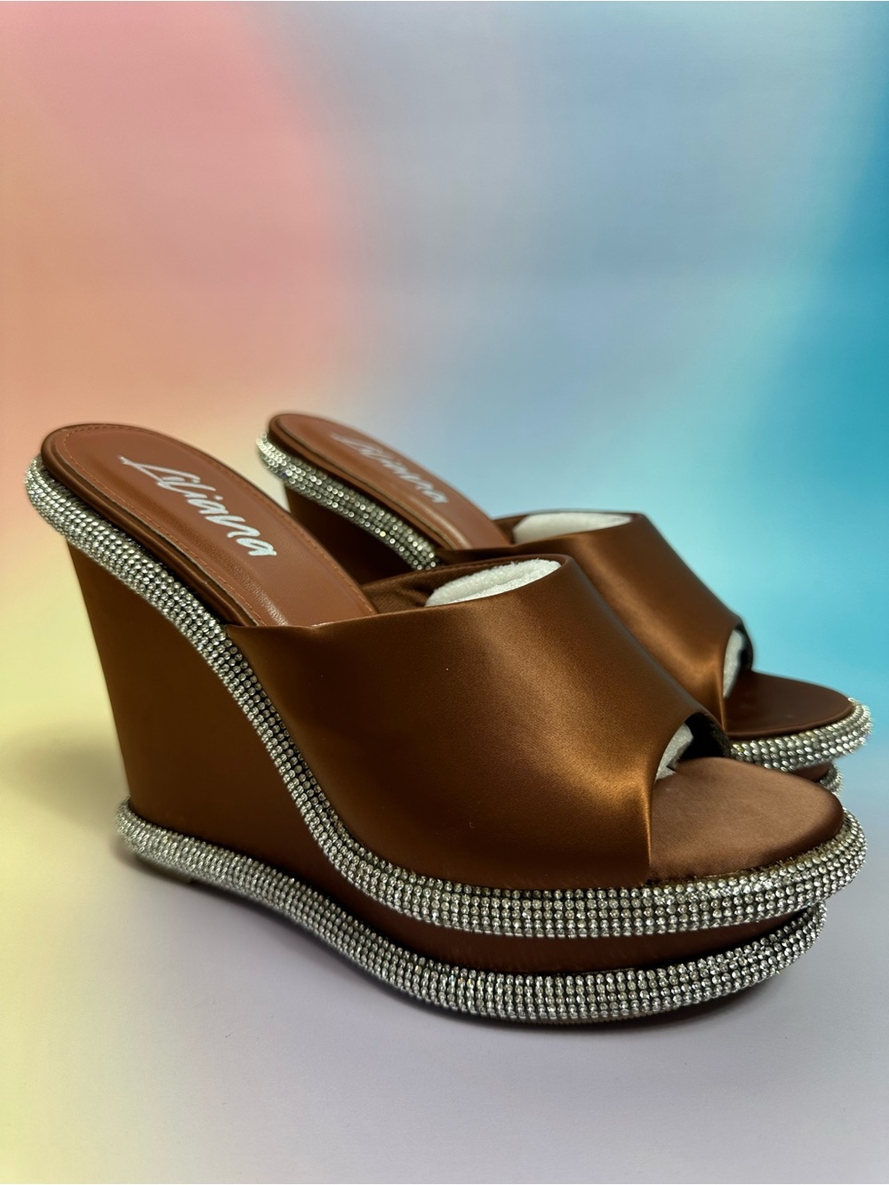 Liliana Bronze Satin Platform Wedge Sandals with Rhinestone Trim